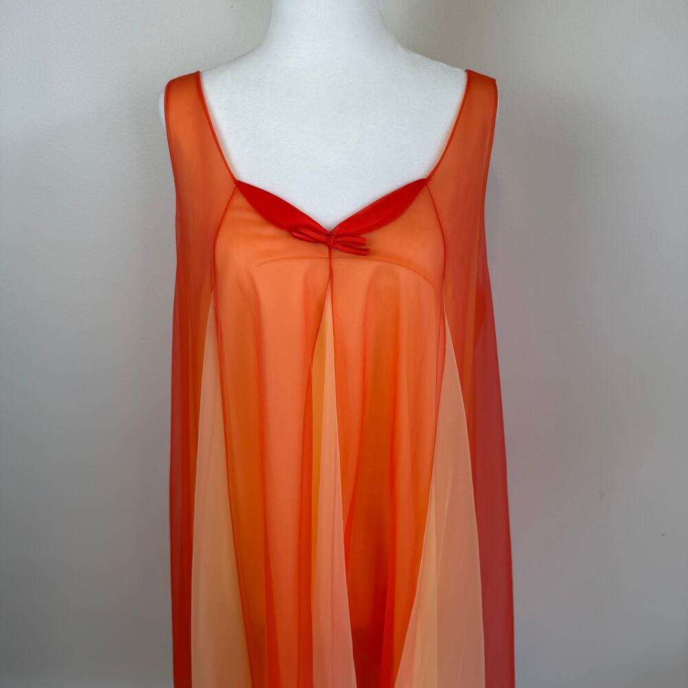 Vtg 60s 70s M Vanity Fair Orange Red Chiffon Mod Babydoll Nightgown USA - Picture 3 of 11